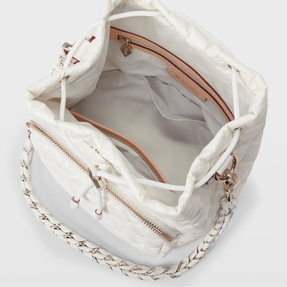 MZ Wallace Lacquer Crosby Bucket Bag Drawstring lacquer Pearl White Metallic - Picture 3 of 13
